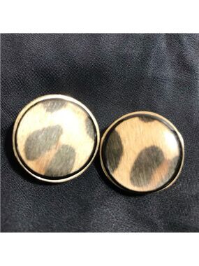 Vintage Gold Tone Button Covered Faux Fur Clip On Earrings
